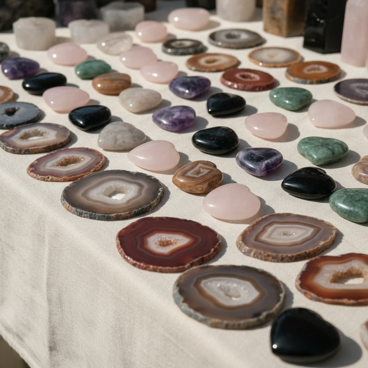 Polished agate slices and carved hearts laid out across pale linen.