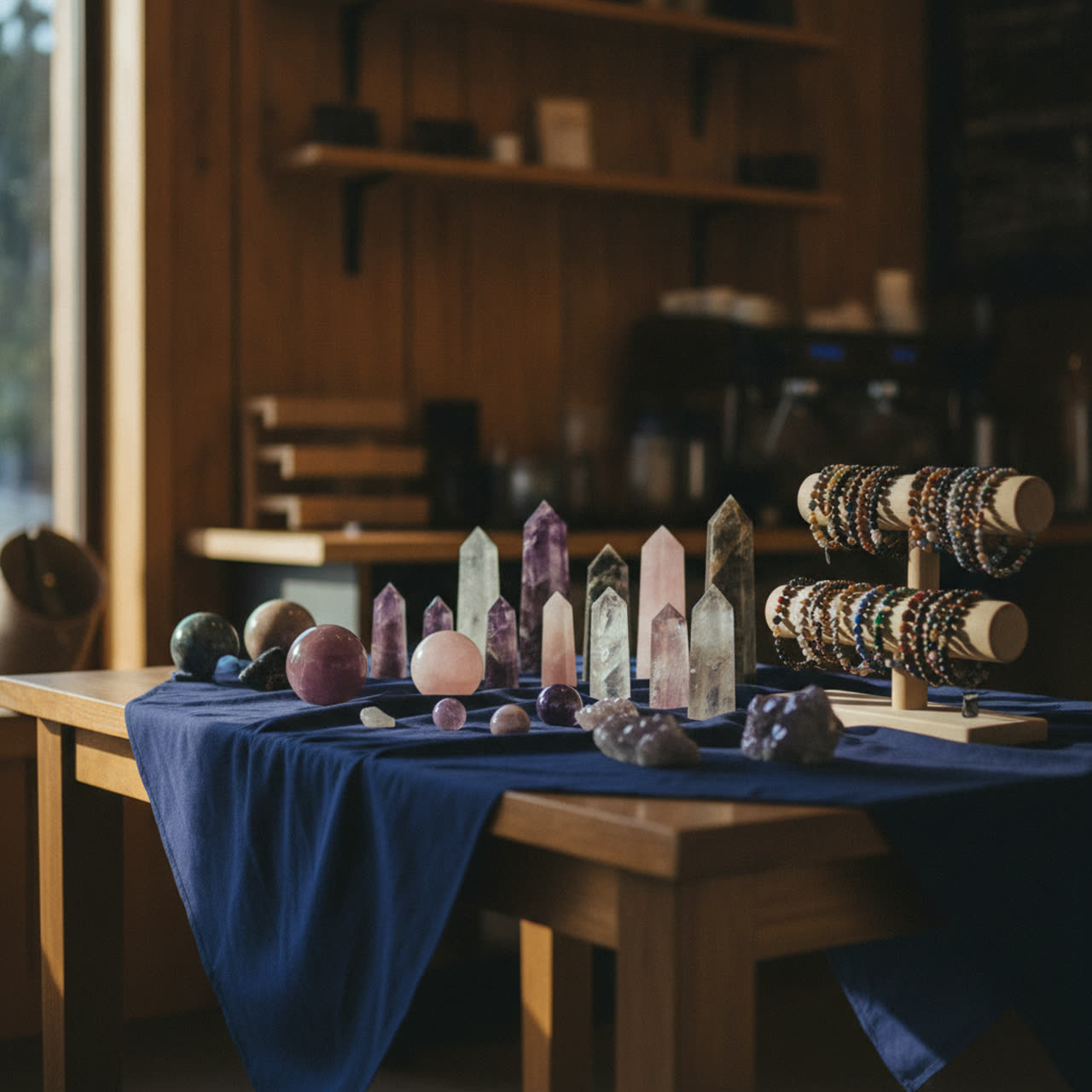 A crystal table set up indoors: towers and spheres on an indigo cloth beside a tiered stand of beaded bracelets, warm café woodwork behind.