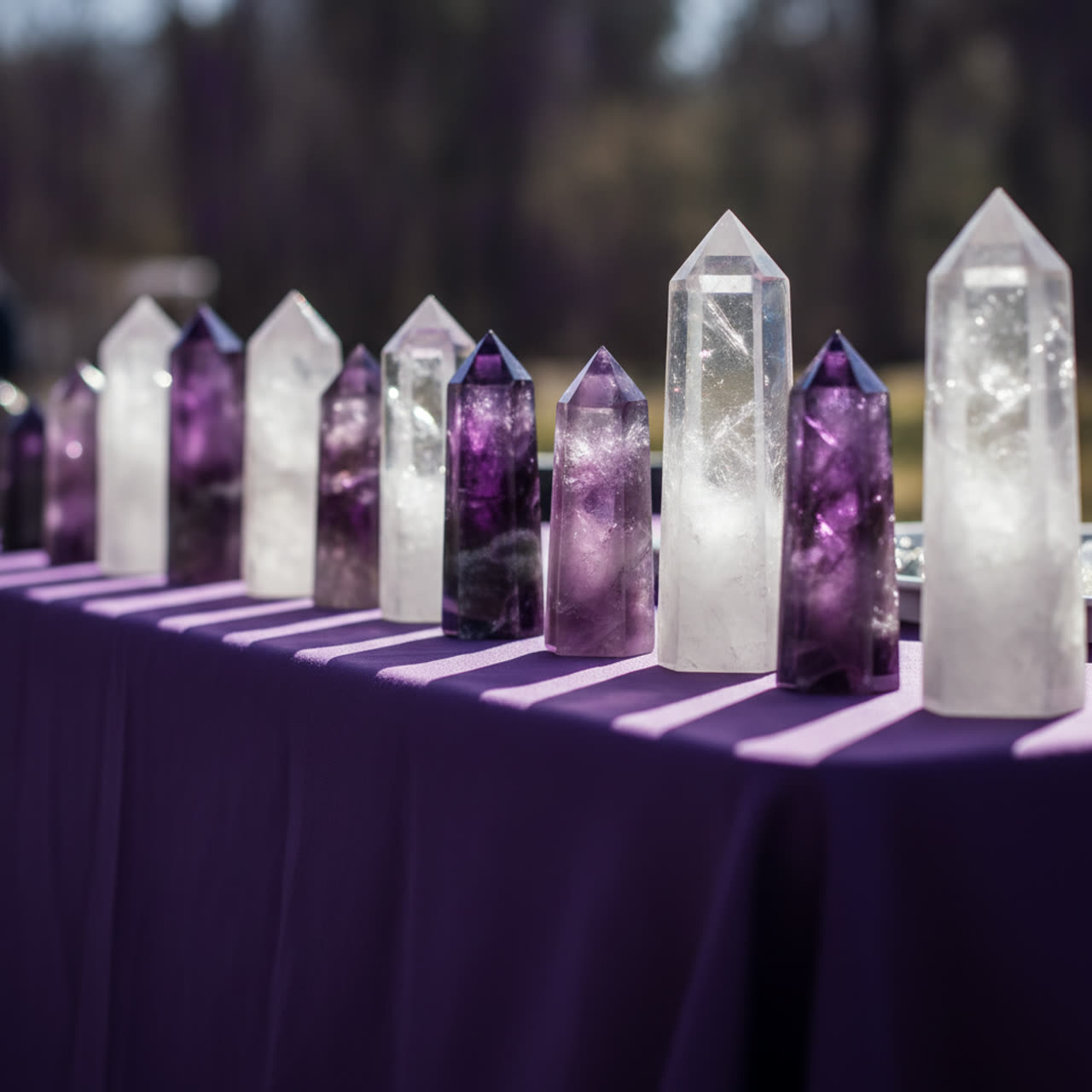 A row of clear quartz and amethyst points standing on a deep purple cloth, lit from behind.