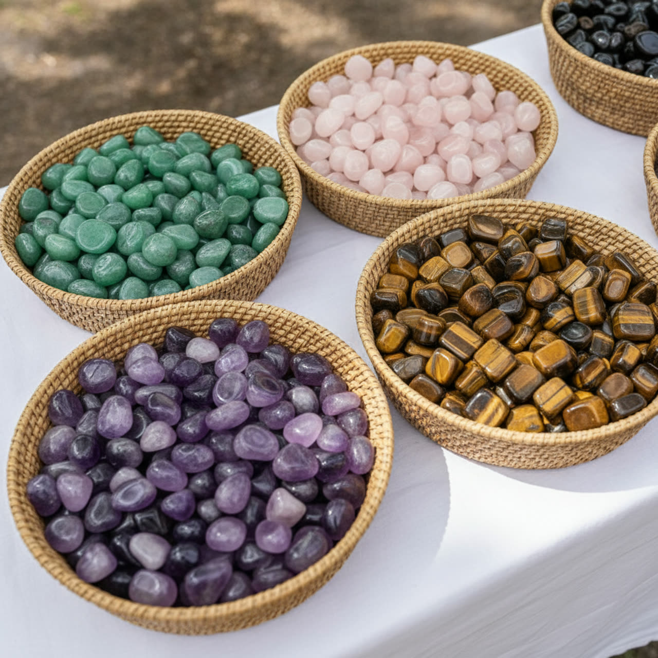 Woven baskets of tumbled stones — green aventurine, rose quartz, amethyst and tiger eye — each in its own bowl on a white cloth table.